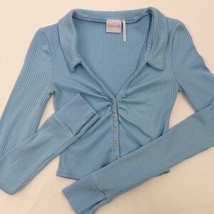 UO Out From Under Blue Ribbed Crop Top Fitted Button Down Long Sleeve Small Y2K